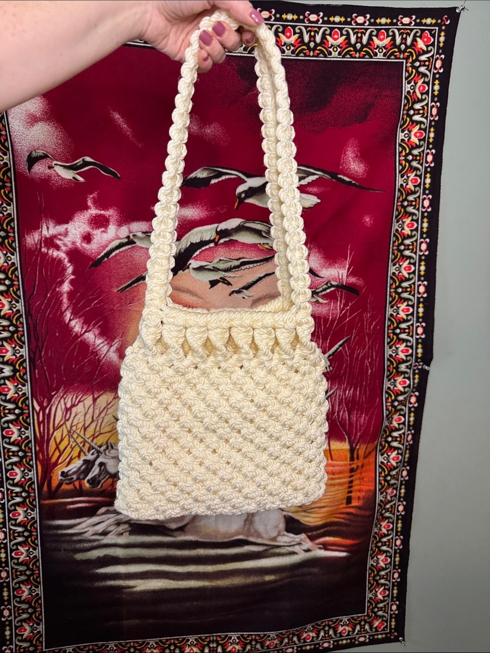 vintage 70s cream macramé shoulder bag purse